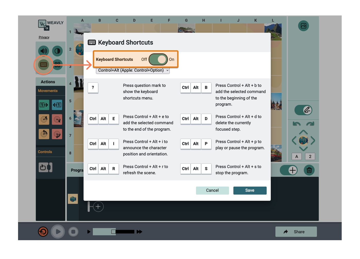 Turning keyboard shortcuts ON in Weavly Keyboard shortcuts modal in Weavly